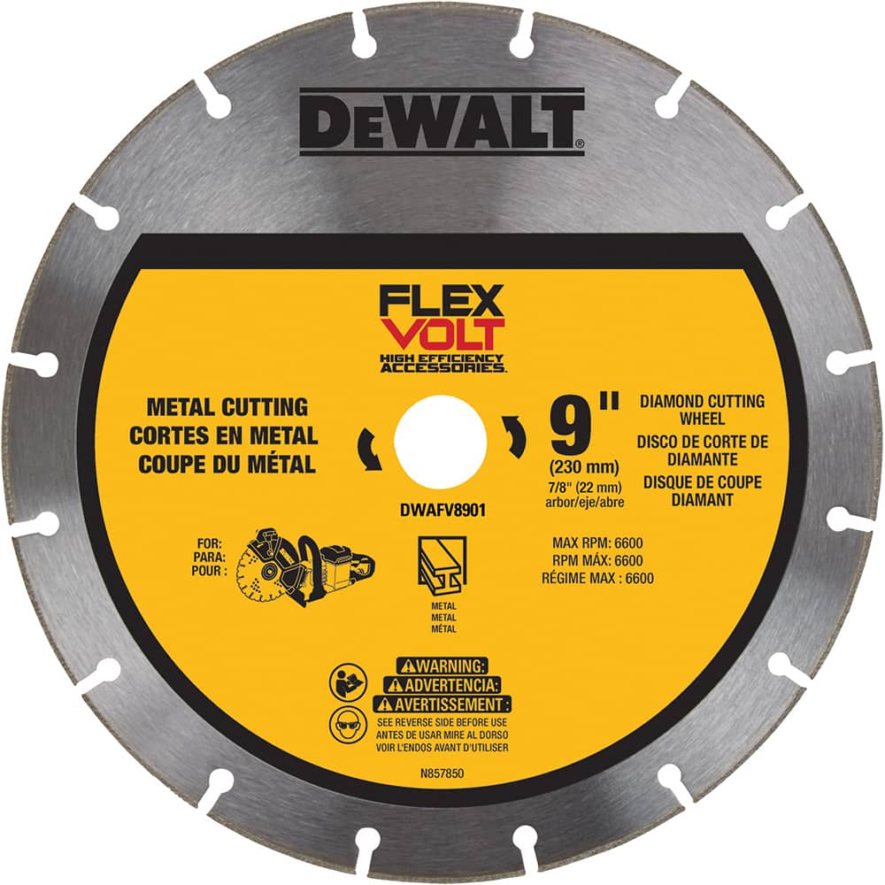 DeWALT - Wet & Dry-Cut Saw Blades; Blade Diameter (Inch): 9 ; Blade Material: Diamond-Tipped ; Arbor Style: Standard Round ; Arbor Hole Diameter (Inch): 7/8 ; Arbor Hole Diameter (Decimal Inch): 7/8 ; Application: Steel; Ductile Pipe; Rebar; Stainless St - Exact Tool & Supply