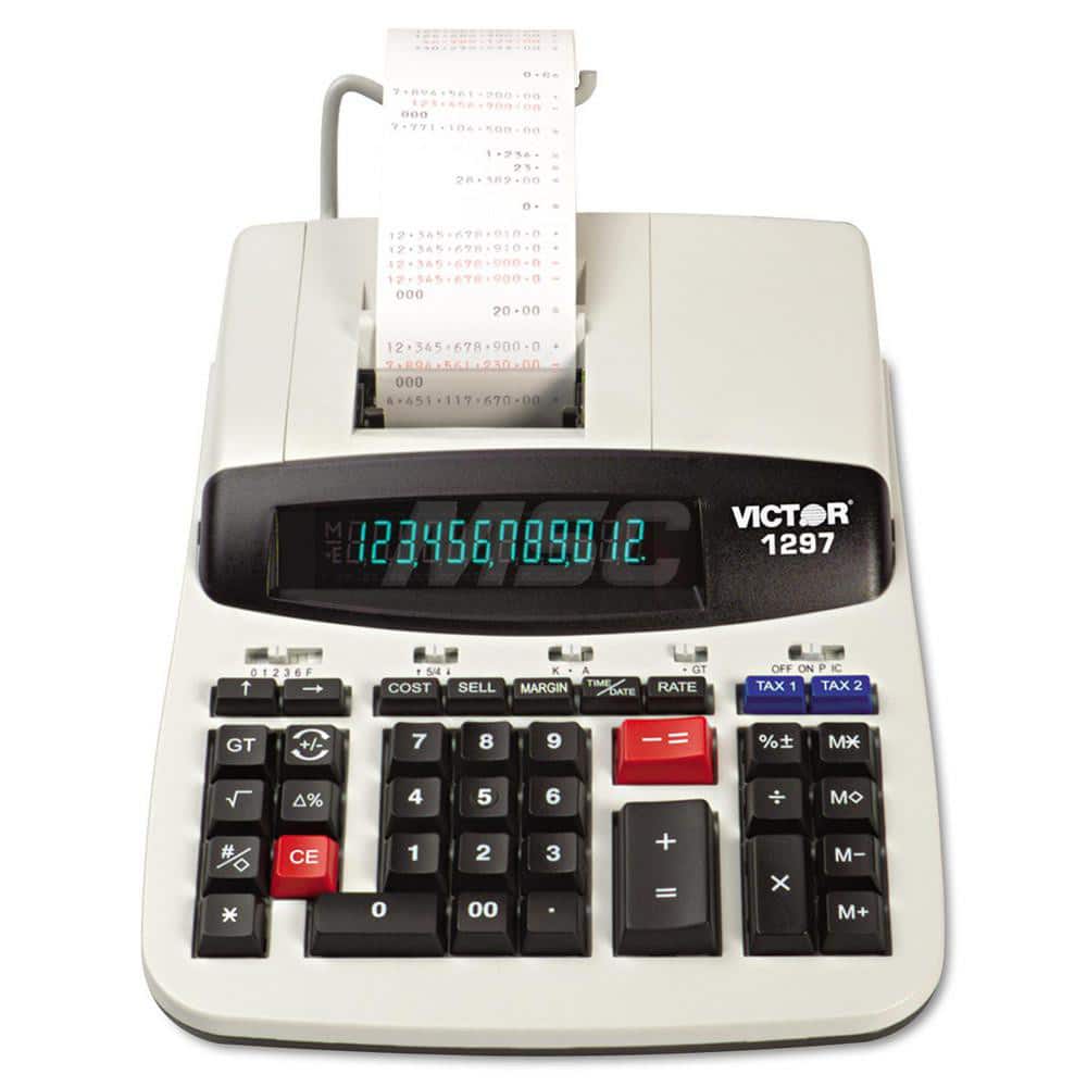 Victor - Calculators; Type: Printing Calculator ; Type of Power: AC ; Display Type: 12-Digit LCD ; Color: Black; White; Black; Red ; Display Size: 15mm ; Width (Inch): 8 - Exact Tool & Supply