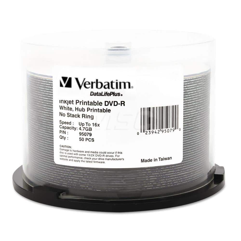 Verbatim - Office Machine Supplies & Accessories; Office Machine/Equipment Accessory Type: DVD+R Disc ; For Use With: DVD/CD Inkjet Printers & Duplicators ; Color: White - Exact Tool & Supply
