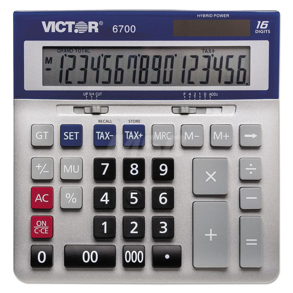 Victor - Calculators; Type: Desktop Calculator ; Type of Power: Solar; CR-2032 ; Display Type: 16-Digit LCD ; Color: Blue; Silver ; Display Size: 20mm ; Width (Decimal Inch): 7.3000 - Exact Tool & Supply
