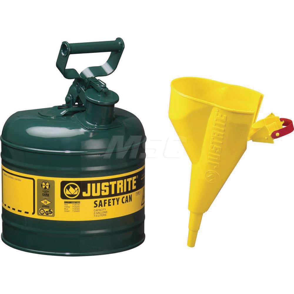 Justrite - Safety Dispensing Cans; Capacity: 2 Gal. ; Material: Steel ; Color: Green ; Height (Decimal Inch): 13.750000 ; Diameter/Length (mm): 9.50 ; Approval Listing/Regulations: FM Approved; UL; ULC; TUV - Exact Tool & Supply
