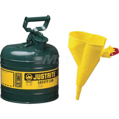 Justrite - Safety Dispensing Cans; Capacity: 2 Gal. ; Material: Steel ; Color: Green ; Height (Decimal Inch): 13.750000 ; Diameter/Length (mm): 9.50 ; Approval Listing/Regulations: FM Approved; UL; ULC; TUV - Exact Tool & Supply
