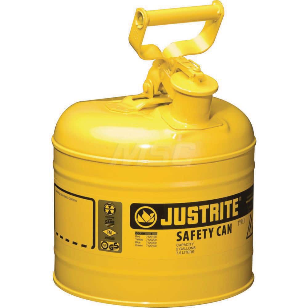 Justrite - Safety Dispensing Cans; Capacity: 2 Gal. ; Material: Steel ; Color: Yellow ; Height (Decimal Inch): 13.750000 ; Diameter/Length (mm): 9.50 ; Approval Listing/Regulations: FM Approved; UL; ULC; TUV - Exact Tool & Supply