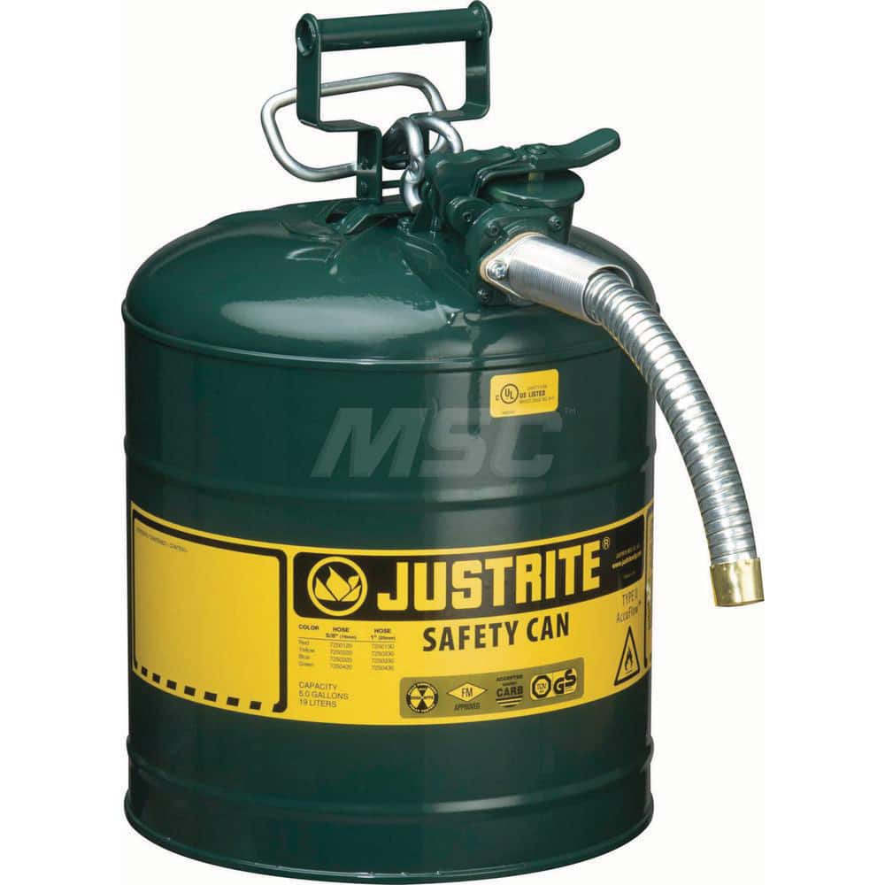 Justrite - Safety Dispensing Cans; Capacity: 5 Gal. ; Material: Steel ; Color: Green ; Height (Decimal Inch): 17.500000 ; Diameter/Length (mm): 11.75 ; Approval Listing/Regulations: FM Approved; UL; ULC; TUV - Exact Tool & Supply