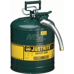 Justrite - Safety Dispensing Cans; Capacity: 5 Gal. ; Material: Steel ; Color: Green ; Height (Decimal Inch): 17.500000 ; Diameter/Length (mm): 11.75 ; Approval Listing/Regulations: FM Approved; UL; ULC; TUV - Exact Tool & Supply
