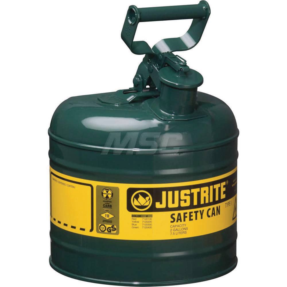 Justrite - Safety Dispensing Cans; Capacity: 2 Gal. ; Material: Steel ; Color: Green ; Height (Decimal Inch): 13.750000 ; Diameter/Length (mm): 9.50 ; Approval Listing/Regulations: FM Approved; UL; ULC; TUV - Exact Tool & Supply