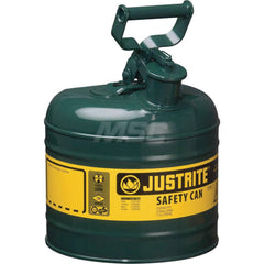 Justrite - Safety Dispensing Cans; Capacity: 2 Gal. ; Material: Steel ; Color: Green ; Height (Decimal Inch): 13.750000 ; Diameter/Length (mm): 9.50 ; Approval Listing/Regulations: FM Approved; UL; ULC; TUV - Exact Tool & Supply