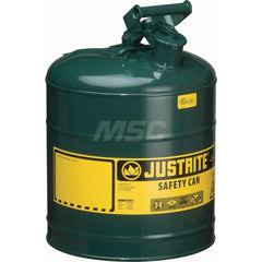 Justrite - Safety Dispensing Cans; Capacity: 5 Gal. ; Material: Steel ; Color: Green ; Height (Decimal Inch): 16.875000 ; Diameter/Length (mm): 11.75 ; Approval Listing/Regulations: FM Approved; UL; ULC; TUV - Exact Tool & Supply