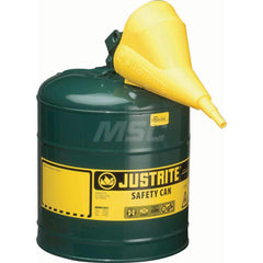 Justrite - Safety Dispensing Cans; Capacity: 5 Gal. ; Material: Steel ; Color: Green ; Height (Decimal Inch): 16.875000 ; Diameter/Length (mm): 11.75 ; Approval Listing/Regulations: FM Approved; UL; ULC; TUV - Exact Tool & Supply