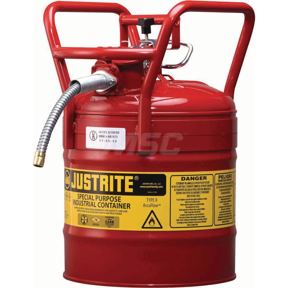 Justrite - Safety Dispensing Cans; Capacity: 5 Gal. ; Material: Steel ; Color: Red ; Height (Decimal Inch): 18.520000 ; Diameter/Length (mm): 11.75 ; Approval Listing/Regulations: FM Approved; DOT; UN - Exact Tool & Supply
