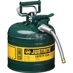 Justrite - Safety Dispensing Cans; Capacity: 2 Gal. ; Material: Steel ; Color: Green ; Height (Decimal Inch): 13.250000 ; Diameter/Length (mm): 9.50 ; Approval Listing/Regulations: FM Approved; UL; ULC; TUV - Exact Tool & Supply