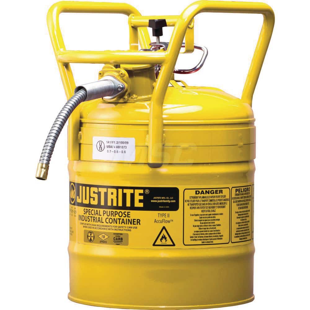 Justrite - Safety Dispensing Cans; Capacity: 5 Gal. ; Material: Steel ; Color: Yellow ; Height (Decimal Inch): 18.520000 ; Diameter/Length (mm): 11.75 ; Approval Listing/Regulations: FM Approved; DOT; UN - Exact Tool & Supply