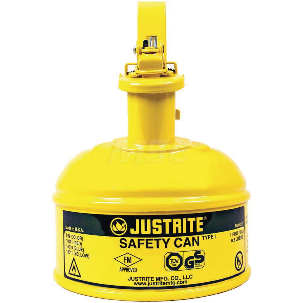 Justrite - Safety Dispensing Cans; Capacity: 1 Qt. ; Material: Steel ; Color: Yellow ; Height (Decimal Inch): 6.750000 ; Diameter/Length (mm): 4.81 ; Approval Listing/Regulations: FM Approved; UL; ULC; TUV - Exact Tool & Supply