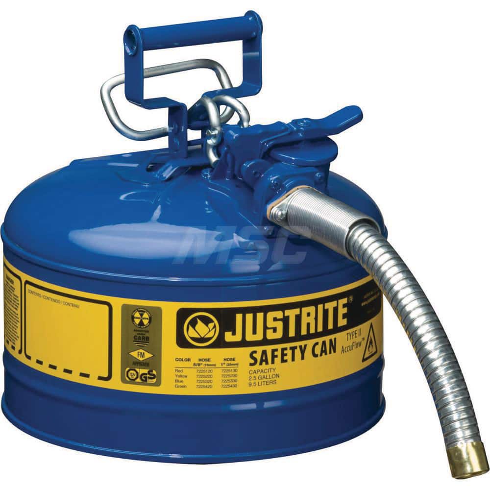Justrite - Safety Dispensing Cans; Capacity: 2.5 Gal ; Material: Steel ; Color: Blue ; Height (Decimal Inch): 12.000000 ; Diameter/Length (mm): 11.75 ; Approval Listing/Regulations: FM Approved; UL; ULC; TUV - Exact Tool & Supply