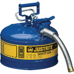 Justrite - Safety Dispensing Cans; Capacity: 2.5 Gal ; Material: Steel ; Color: Blue ; Height (Decimal Inch): 12.000000 ; Diameter/Length (mm): 11.75 ; Approval Listing/Regulations: FM Approved; UL; ULC; TUV - Exact Tool & Supply