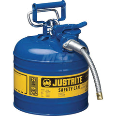 Justrite - Safety Dispensing Cans; Capacity: 2 Gal. ; Material: Steel ; Color: Blue ; Height (Decimal Inch): 13.250000 ; Diameter/Length (mm): 9.50 ; Approval Listing/Regulations: FM Approved; UL; ULC; TUV - Exact Tool & Supply
