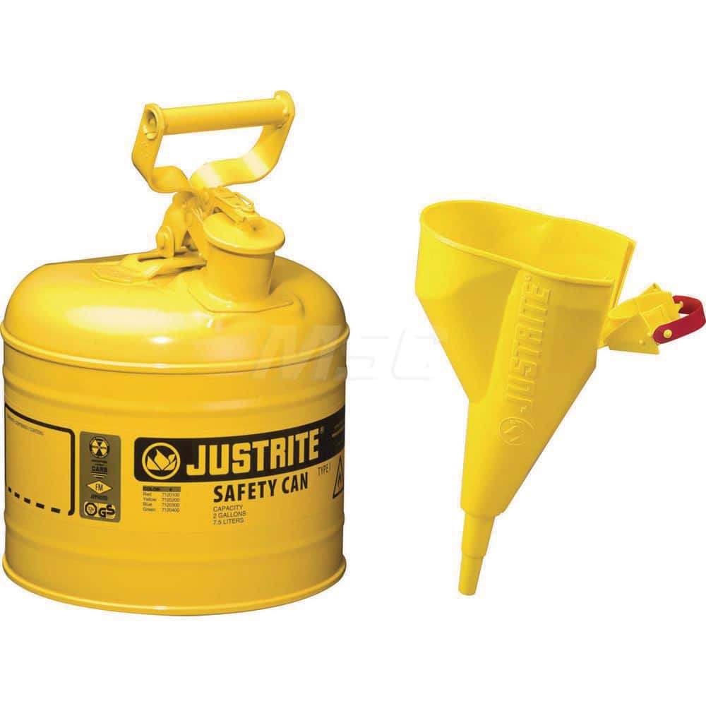 Justrite - Safety Dispensing Cans; Capacity: 2 Gal. ; Material: Steel ; Color: Yellow ; Height (Decimal Inch): 13.750000 ; Diameter/Length (mm): 9.50 ; Approval Listing/Regulations: FM Approved; UL; ULC; TUV - Exact Tool & Supply