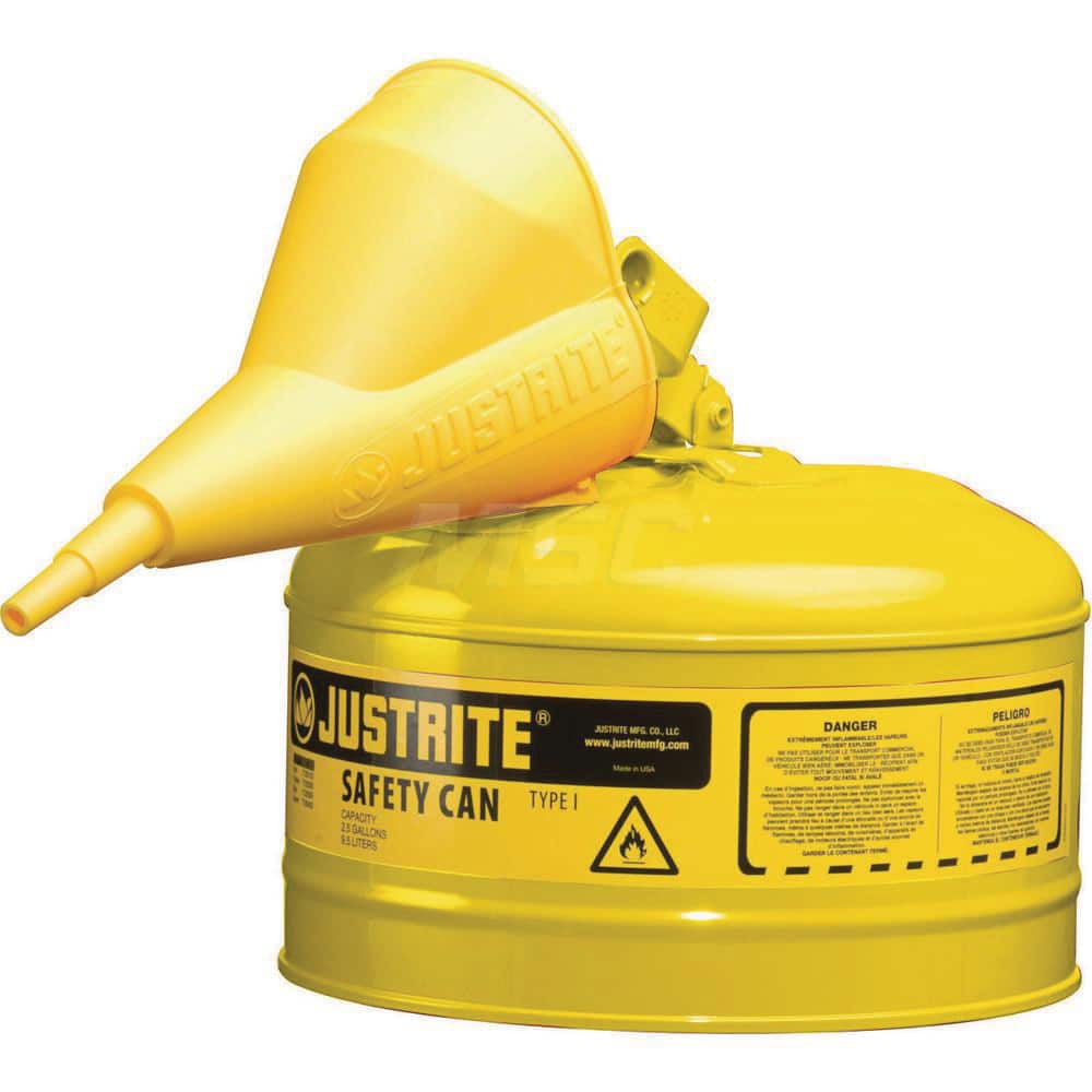 Justrite - Safety Dispensing Cans; Capacity: 2.5 Gal ; Material: Steel ; Color: Yellow ; Height (Decimal Inch): 11.500000 ; Diameter/Length (mm): 11.75 ; Approval Listing/Regulations: FM Approved; UL; ULC; TUV - Exact Tool & Supply