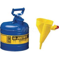 Justrite - Safety Dispensing Cans; Capacity: 2 Gal. ; Material: Steel ; Color: Blue ; Height (Decimal Inch): 13.750000 ; Diameter/Length (mm): 9.50 ; Approval Listing/Regulations: FM Approved; UL; ULC; TUV - Exact Tool & Supply