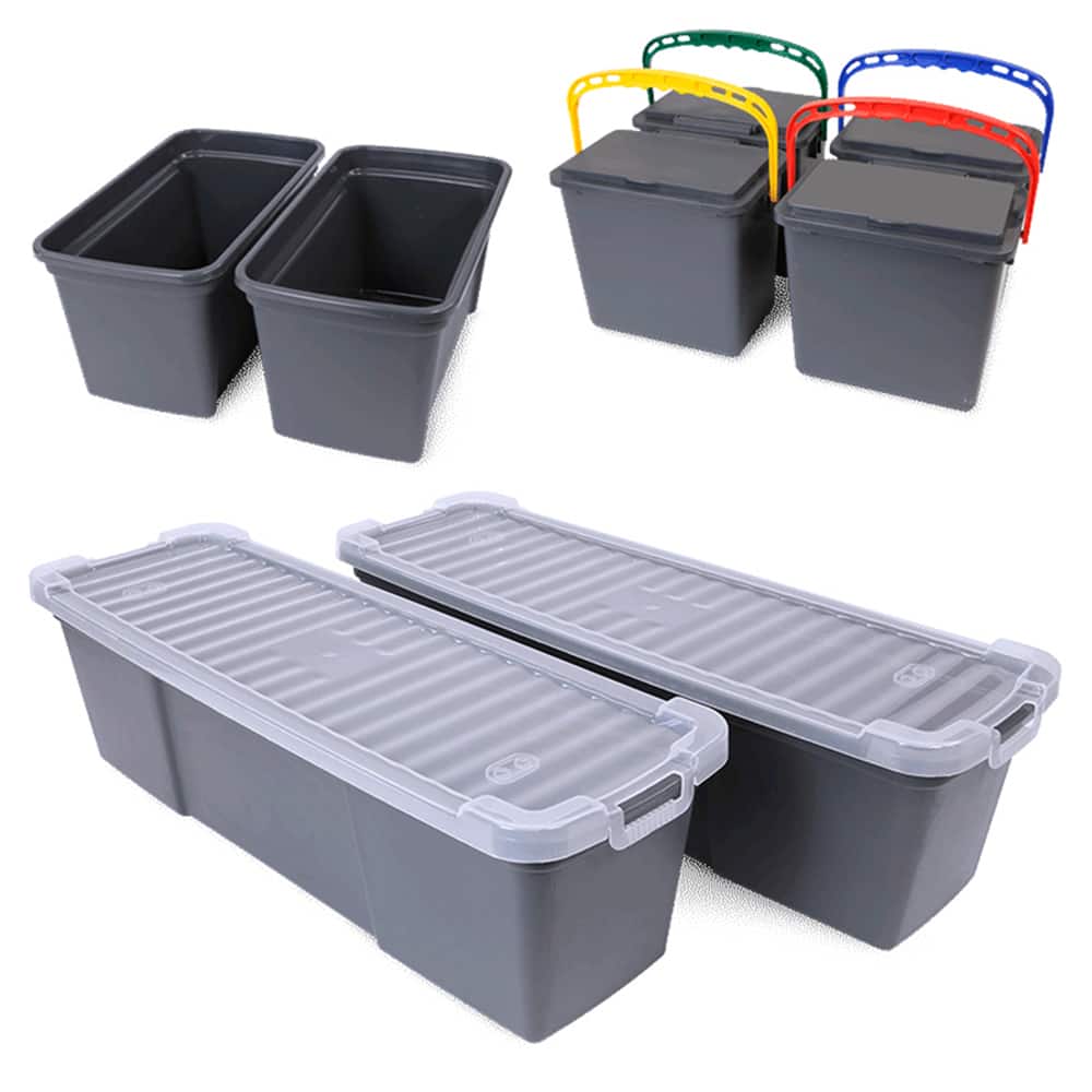 O-Cedar - Janitor Carts & Caddies; Type: Storage Buckets for Microfiber Cleaning Cart ; Material: Plastic ; Width (Inch): 11 ; Length: 27 (Inch); Additional Information: Comes With (4)5.5 Qt; (2)9 Qt; (2)18 Qt Buckets With Lids ; Color: Gray - Exact Tool & Supply
