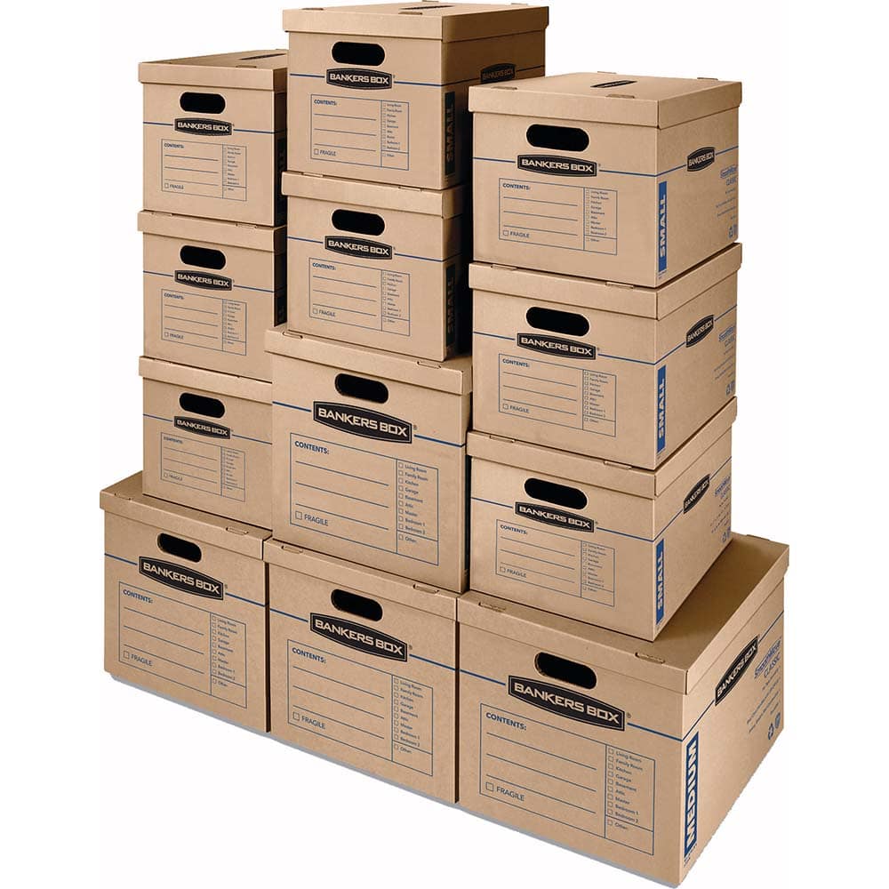 BANKERS BOX - Moving & Box Kits; Kit Type: Moving Combo Pack ; Number of Boxes: 12 ; Total Number of Pieces: 12 ; Contents: (8) 15 x 12 x10"; (4) 18 x 15 x 14" ; Additional Information: Easy to Set Up; Carry Handles; Reusable & Recyclable - Exact Tool & Supply