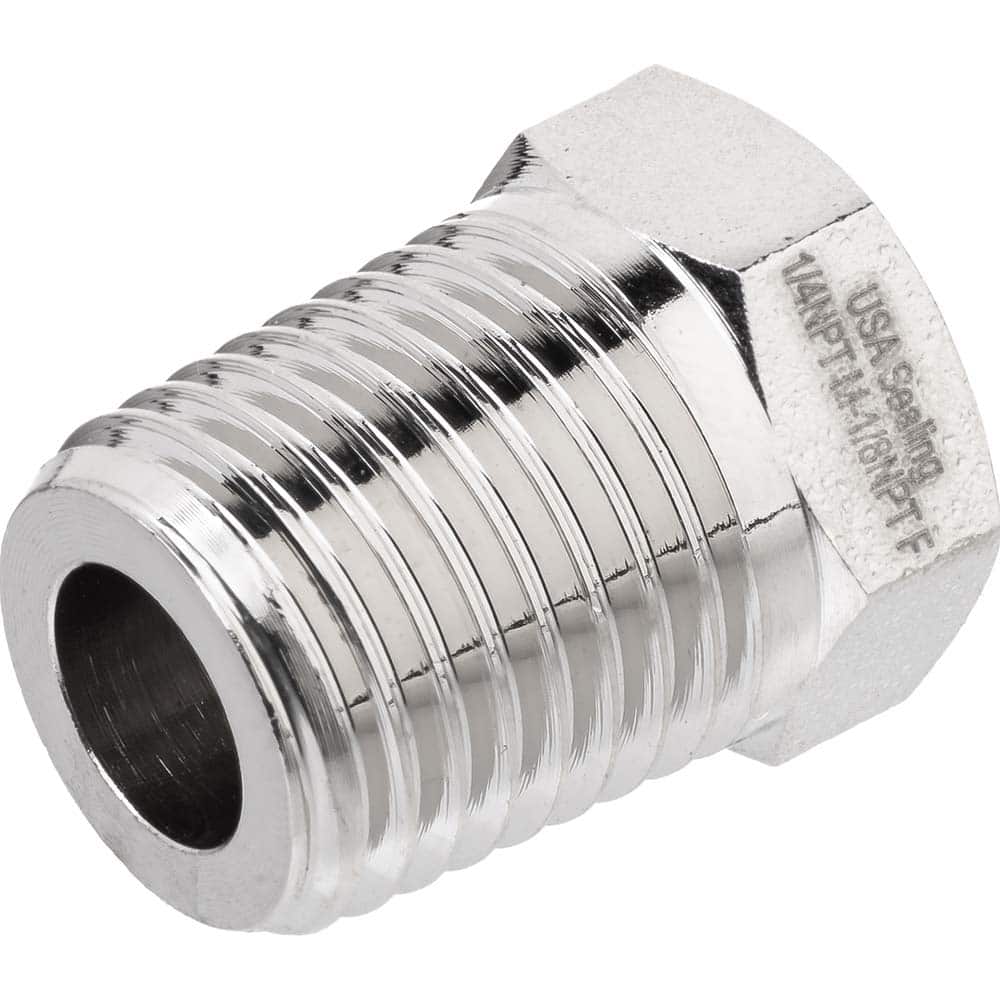 USA Sealing - Brass & Chrome Pipe Fittings; Type: Hex Bushing ; Fitting Size: 1/2 x 1/4 ; End Connections: MNPTF x FNPTF ; Material: Brass ; Pressure Rating (psi): 1000 ; Finish/Coating: Nickel Plated - Exact Tool & Supply
