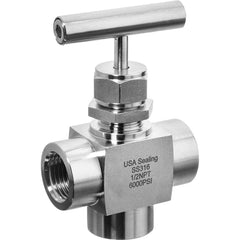 USA Sealing - Needle Valves; Type: Instrumentation Needle Valve ; Style: 3-Way; Angled Tee ; Pipe Size: 1/4 (Inch); End Connections: FNPT ; Material: Stainless Steel ; Material Grade: 316 - Exact Tool & Supply
