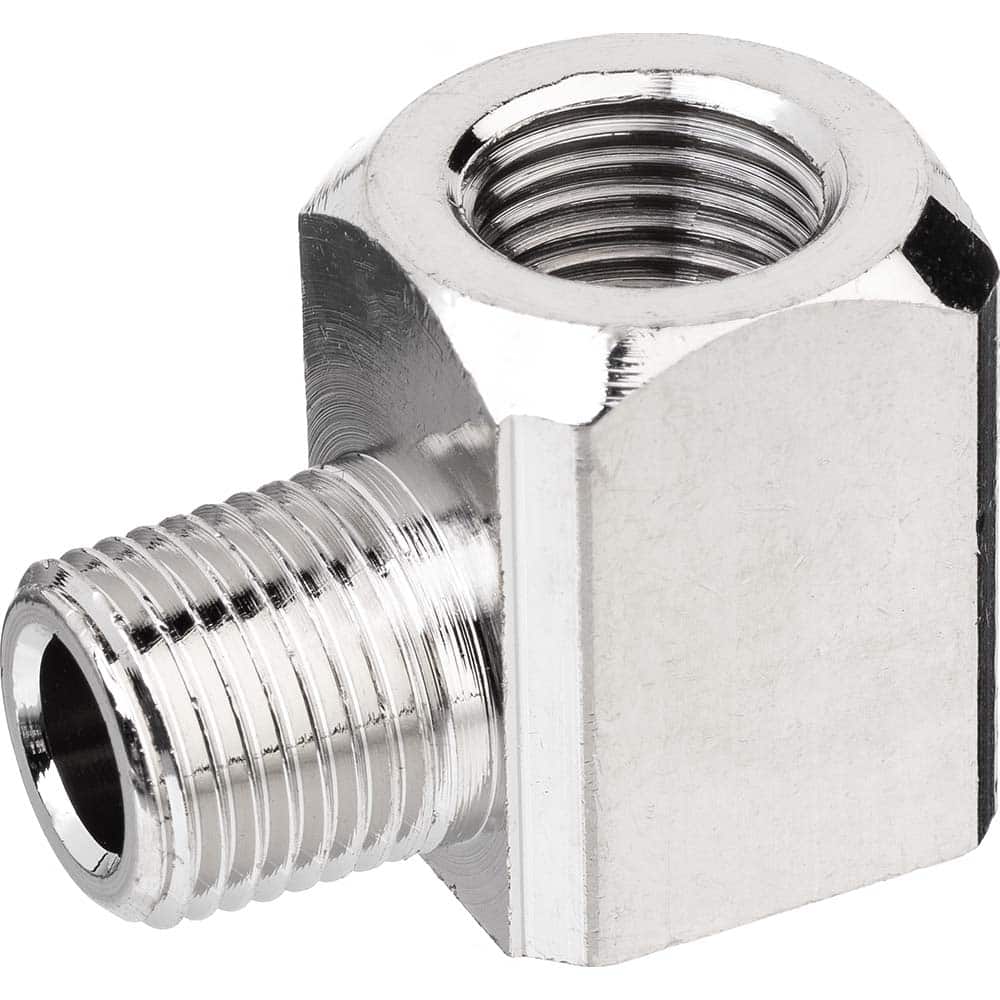 USA Sealing - Brass & Chrome Pipe Fittings; Type: 90 Elbow ; Fitting Size: 1/4 x 1/4 ; End Connections: FNPTF x MNPTF ; Material: Brass ; Pressure Rating (psi): 1000 ; Finish/Coating: Nickel Plated - Exact Tool & Supply