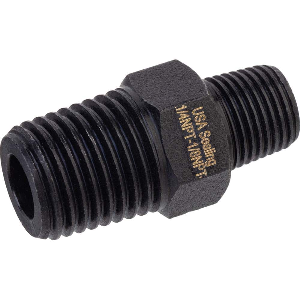 USA Sealing - Brass & Chrome Pipe Fittings; Type: Reducing Hex Nipple ; Fitting Size: 3/8 x 1/4 ; End Connections: MNPTF x MNPTF ; Material: Brass ; Pressure Rating (psi): 1000 ; Finish/Coating: Black Zinc - Exact Tool & Supply