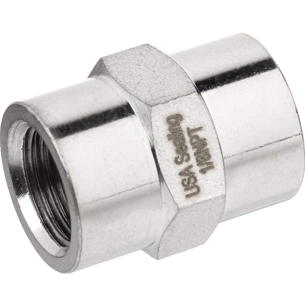 USA Sealing - Brass & Chrome Pipe Fittings; Type: Coupling ; Fitting Size: 1/2 x 1/2 ; End Connections: FNPTF x FNPTF ; Material: Brass ; Pressure Rating (psi): 1000 ; Finish/Coating: Nickel Plated - Exact Tool & Supply