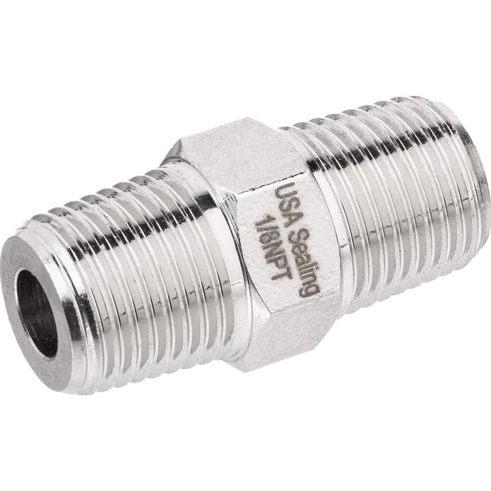 USA Sealing - Brass & Chrome Pipe Fittings; Type: Hex Nipple ; Fitting Size: 1/2 x 1/2 ; End Connections: MNPTF x MNPTF ; Material: Brass ; Pressure Rating (psi): 1000 ; Finish/Coating: Nickel Plated - Exact Tool & Supply