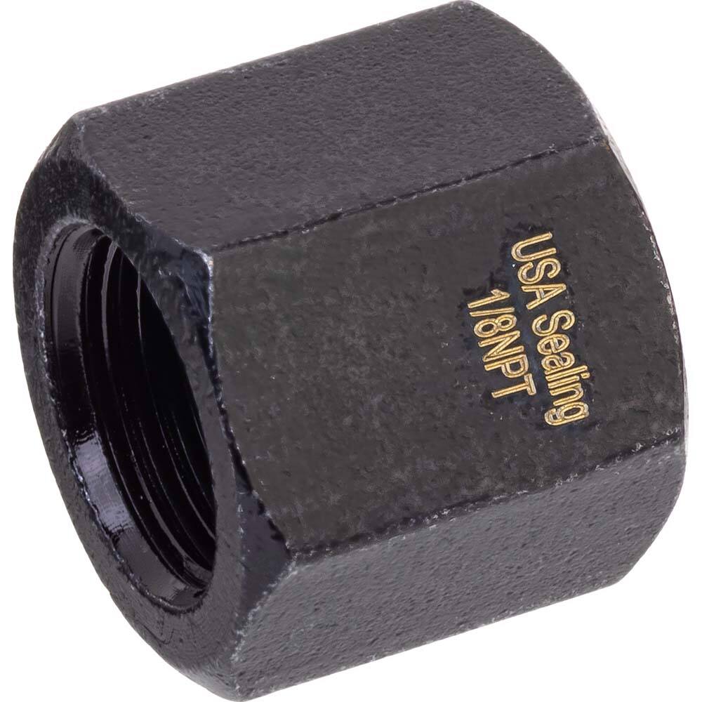 USA Sealing - Brass & Chrome Pipe Fittings; Type: Cap ; Fitting Size: 3/8 x 3/8 ; End Connections: FNPTF x FNPTF ; Material: Brass ; Pressure Rating (psi): 1000 ; Finish/Coating: Black Zinc - Exact Tool & Supply
