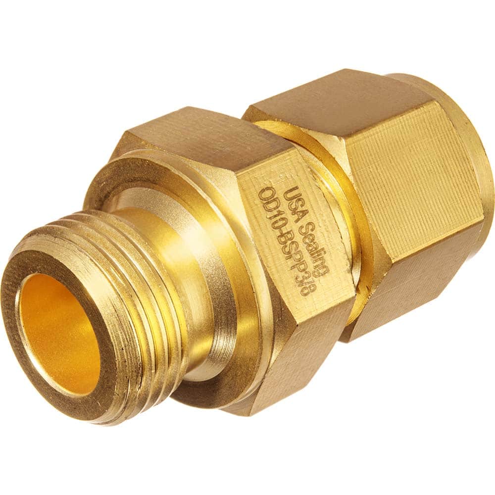 USA Sealing - Metal Compression Tube Fittings; Type: Male Straight Fitting ; End Connections: Tube OD x Male BSPT ; Tube Outside Diameter (mm): 6 ; Thread Size: 1/4 ; Material: Brass ; Compression Style: Double Ferrule - Exact Tool & Supply