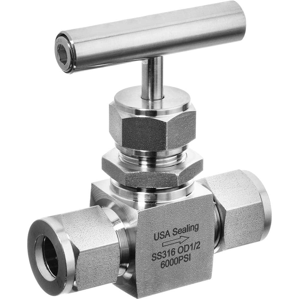 USA Sealing - Needle Valves; Type: Instrumentation Needle Valve ; Style: 2-Way; Straight Tee ; Pipe Size: 1/4 (Inch); End Connections: Compression ; Material: Stainless Steel ; Material Grade: 316 - Exact Tool & Supply