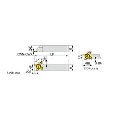 Indexable Grooving Toolholder:  STCR12-38,  0.1575″ Max Groove Width 0.3937″ Max Depth,  Uses 38 Inserts,  0.7500″ Shank Height,  3/4″ Shank Width,  No