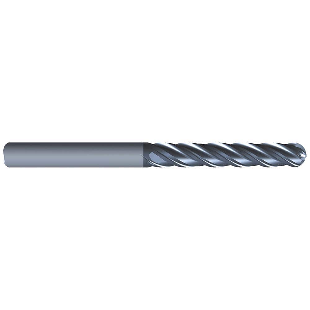 Eliminator - Ball End Mills; Mill Diameter (Inch): 1/4 ; Mill Diameter (Decimal Inch): 0.2500 ; Number of Flutes: 4 ; Length of Cut (Inch): 1-1/2 ; Material: Solid Carbide ; Overall Length (Inch): 4 - Exact Tool & Supply