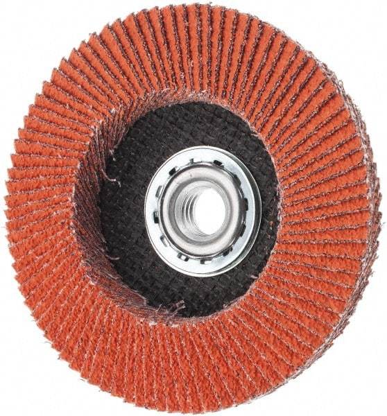 Norton - 40 Grit, 4-1/2" Disc Diam, 5/8-11 Center Hole, Type 27 Ceramic Alumina Flap Disc - 13,000 Max RPM, Cloth Backing, Arbor Attaching System, Coated - Exact Tool & Supply