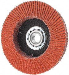 Norton - 40 Grit, 4-1/2" Disc Diam, 5/8-11 Center Hole, Type 27 Ceramic Alumina Flap Disc - 13,000 Max RPM, Cloth Backing, Arbor Attaching System, Coated - Exact Tool & Supply