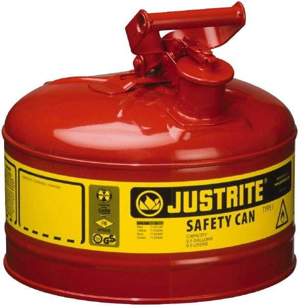 Justrite - 2.5 Gal Galvanized Steel Type I Safety Can - 11-1/2" High x 11-3/4" Diam, Red with Yellow - Exact Tool & Supply