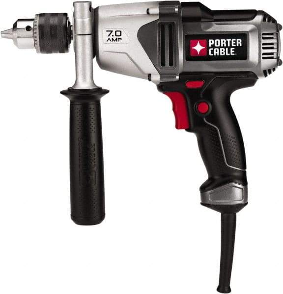 Porter-Cable - 1/2" Keyed Chuck, 800 RPM, Pistol Grip Handle Electric Drill - 7 Amps, 120 Volts, Reversible, Includes Side Handle & Chuck Key with Holder - Exact Tool & Supply