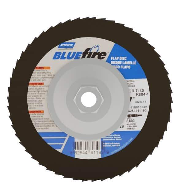 Norton - 80 Grit, 7" Disc Diam, 5/8-11 Center Hole, Type 29 Zirconia Alumina Flap Disc - 8,600 Max RPM, Cloth Backing, Arbor Attaching System, Coated - Exact Tool & Supply