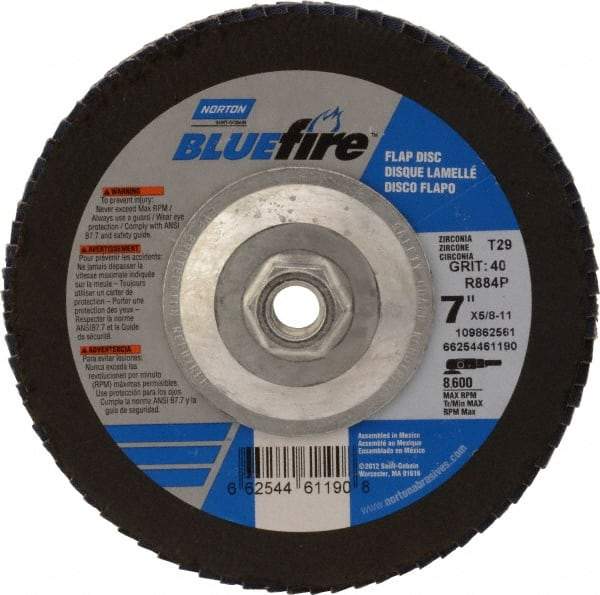 Norton - 40 Grit, 7" Disc Diam, 5/8-11 Center Hole, Type 29 Zirconia Alumina Flap Disc - 8,600 Max RPM, Cloth Backing, Arbor Attaching System, Coated - Exact Tool & Supply