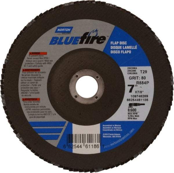 Norton - 80 Grit, 7" Disc Diam, 7/8" Center Hole, Type 29 Zirconia Alumina Flap Disc - 8,600 Max RPM, Cloth Backing, Arbor Attaching System, Coated - Exact Tool & Supply
