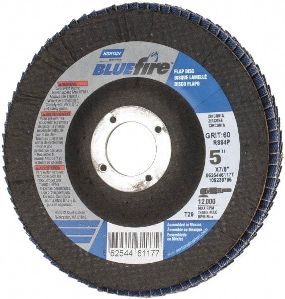 Norton - 60 Grit, 5" Disc Diam, 7/8" Center Hole, Type 29 Zirconia Alumina Flap Disc - 12,000 Max RPM, Cloth Backing, Arbor Attaching System, Coated - Exact Tool & Supply