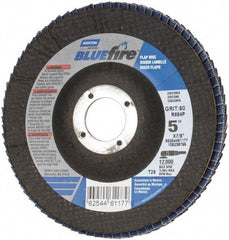 Norton - 60 Grit, 5" Disc Diam, 7/8" Center Hole, Type 29 Zirconia Alumina Flap Disc - 12,000 Max RPM, Cloth Backing, Arbor Attaching System, Coated - Exact Tool & Supply