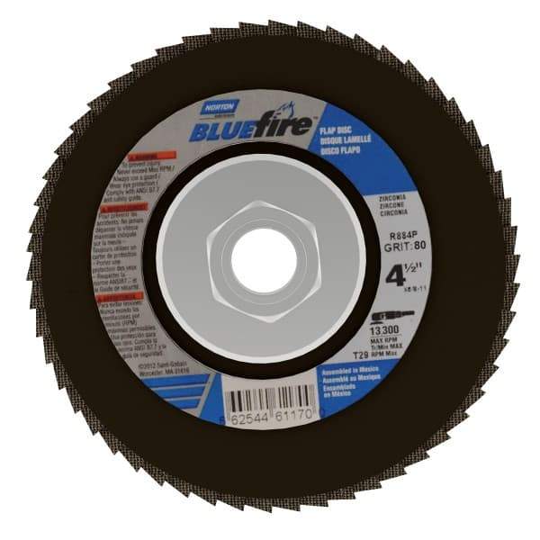 Norton - 80 Grit, 4-1/2" Disc Diam, 5/8-11 Center Hole, Type 29 Zirconia Alumina Flap Disc - 13,300 Max RPM, Cloth Backing, Arbor Attaching System, Coated - Exact Tool & Supply