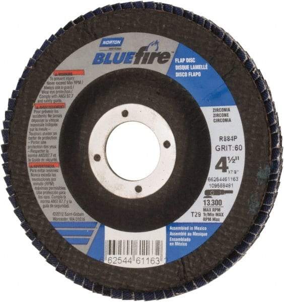 Norton - 60 Grit, 4-1/2" Disc Diam, 7/8" Center Hole, Type 29 Zirconia Alumina Flap Disc - 13,300 Max RPM, Cloth Backing, Arbor Attaching System, Coated - Exact Tool & Supply
