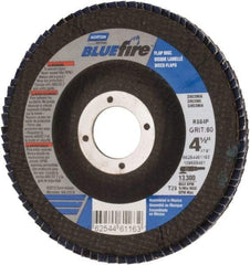 Norton - 60 Grit, 4-1/2" Disc Diam, 7/8" Center Hole, Type 29 Zirconia Alumina Flap Disc - 13,300 Max RPM, Cloth Backing, Arbor Attaching System, Coated - Exact Tool & Supply