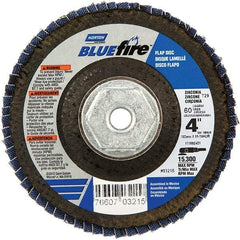 Norton - 60 Grit, 4" Disc Diam, 5/8-11 Center Hole, Type 29 Zirconia Alumina Flap Disc - 15,300 Max RPM, Cloth Backing, Arbor Attaching System, Coated - Exact Tool & Supply