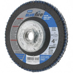 Norton - 40 Grit, 4-1/2" Disc Diam, 5/8-11 Center Hole, Type 29 Zirconia Alumina Flap Disc - 13,300 Max RPM, Cloth Backing, Arbor Attaching System, Coated - Exact Tool & Supply